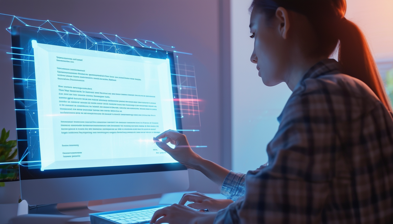 A job applicant using a computer with a holographi