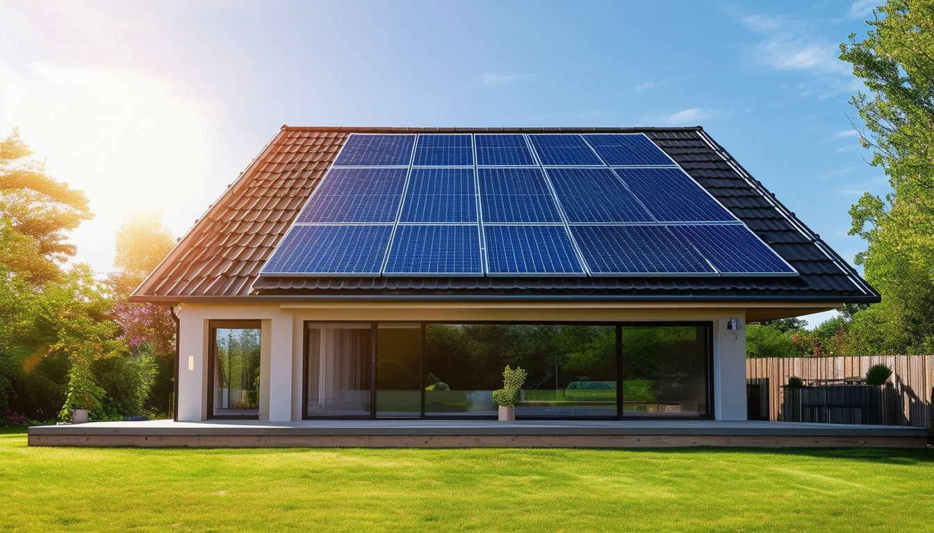 A modern home with solar panels installed on the r