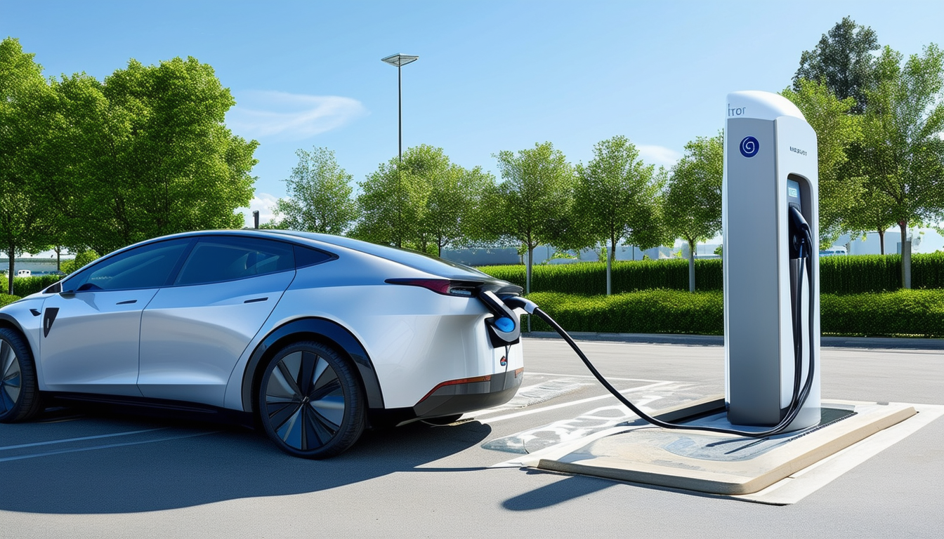 A sleek, modern electric vehicle charging at a hig