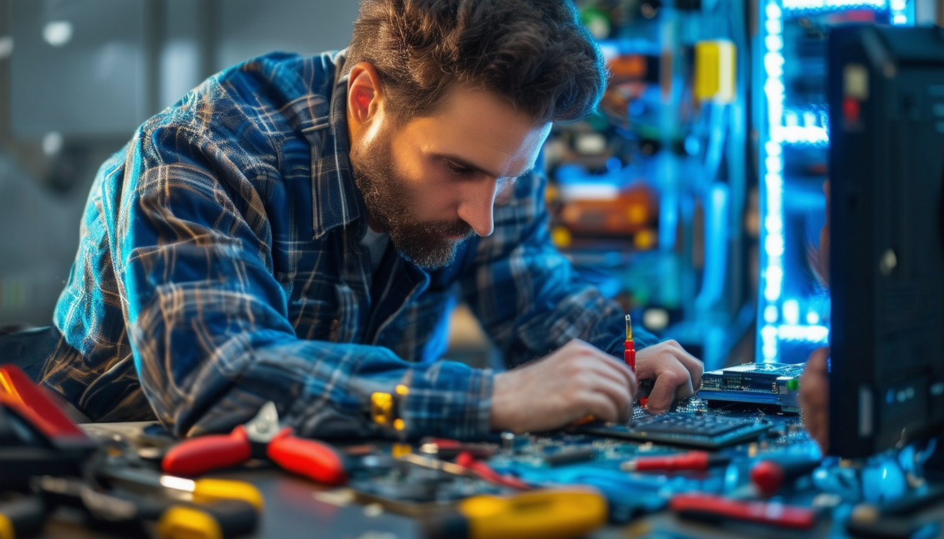 A technician working on a computer, surrounded by 