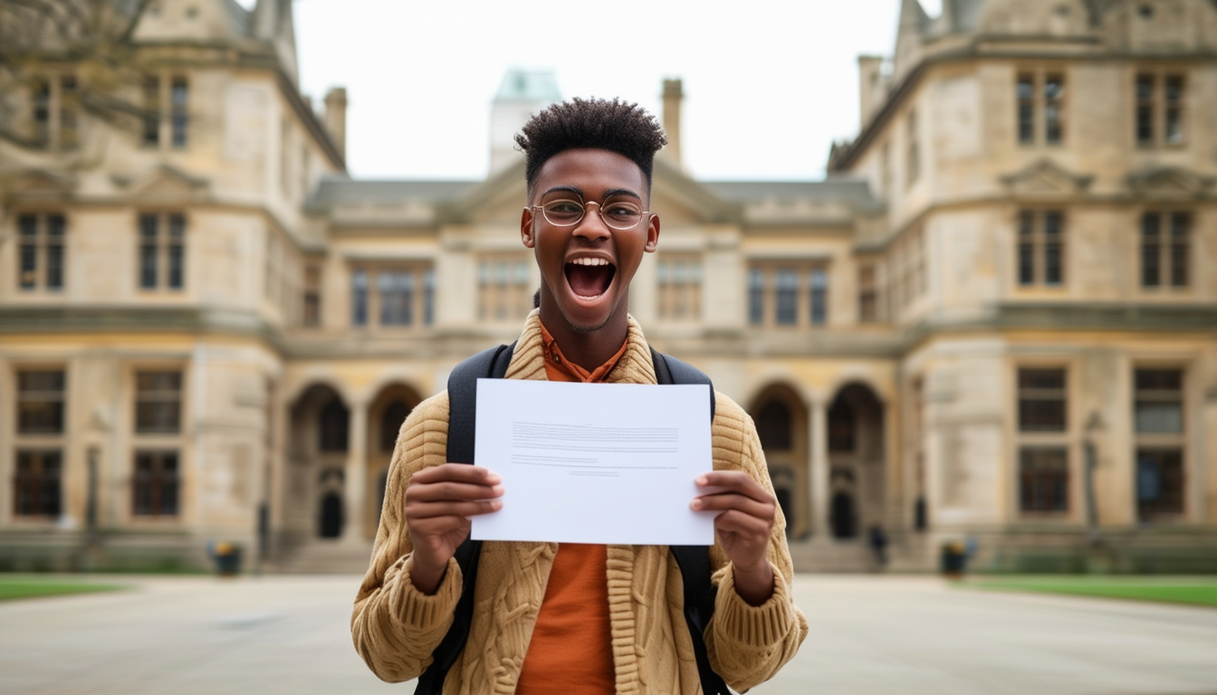 An excited student holding a scholarship letter in